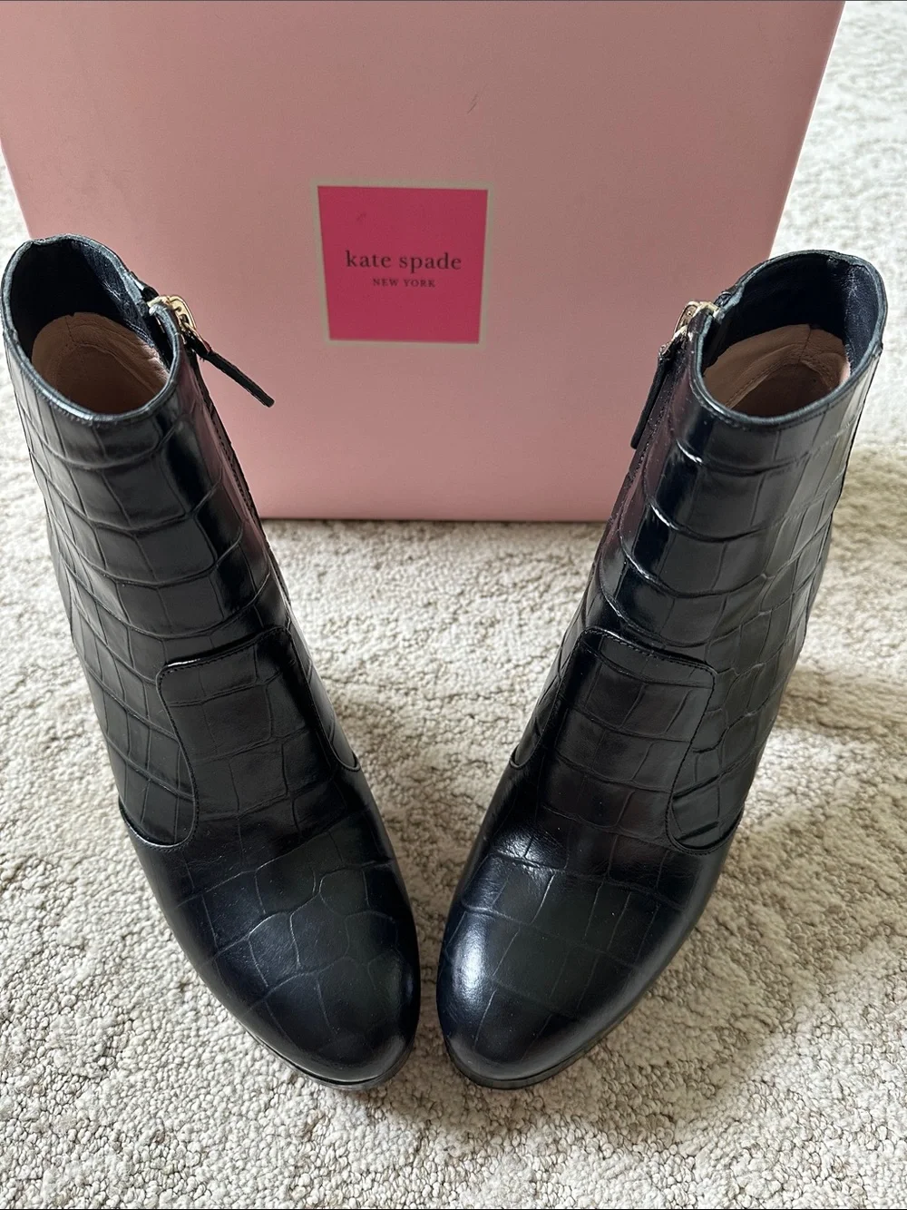 kate spade Black Croc-Embossed Platform Ankle Boots
